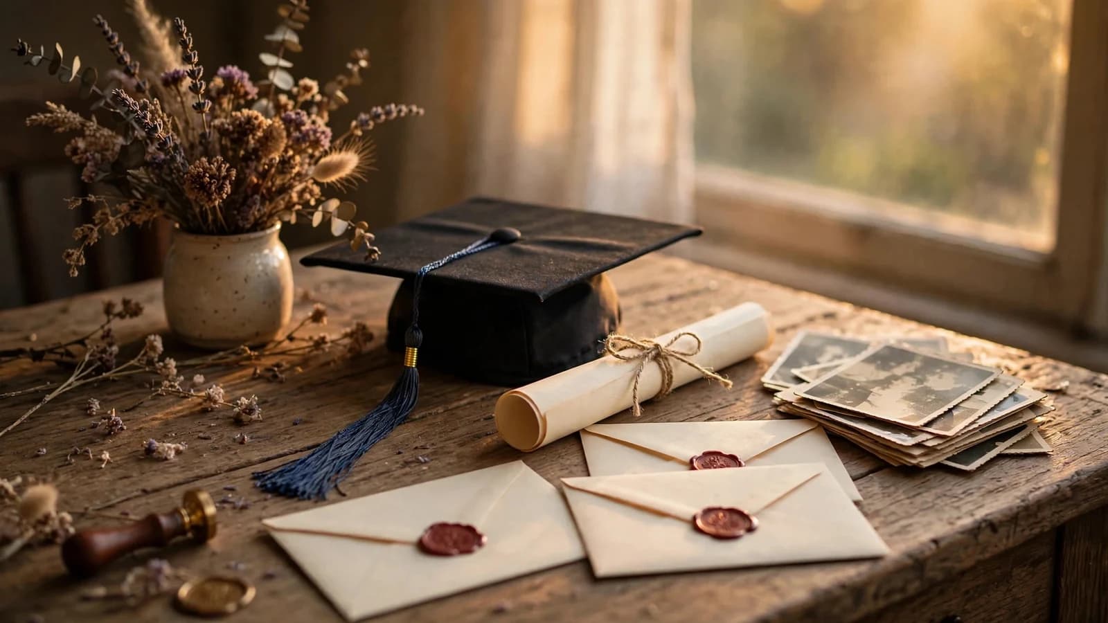 A graduate in cap and gown hugging family at sunset, with graduation caps tossed in the background.