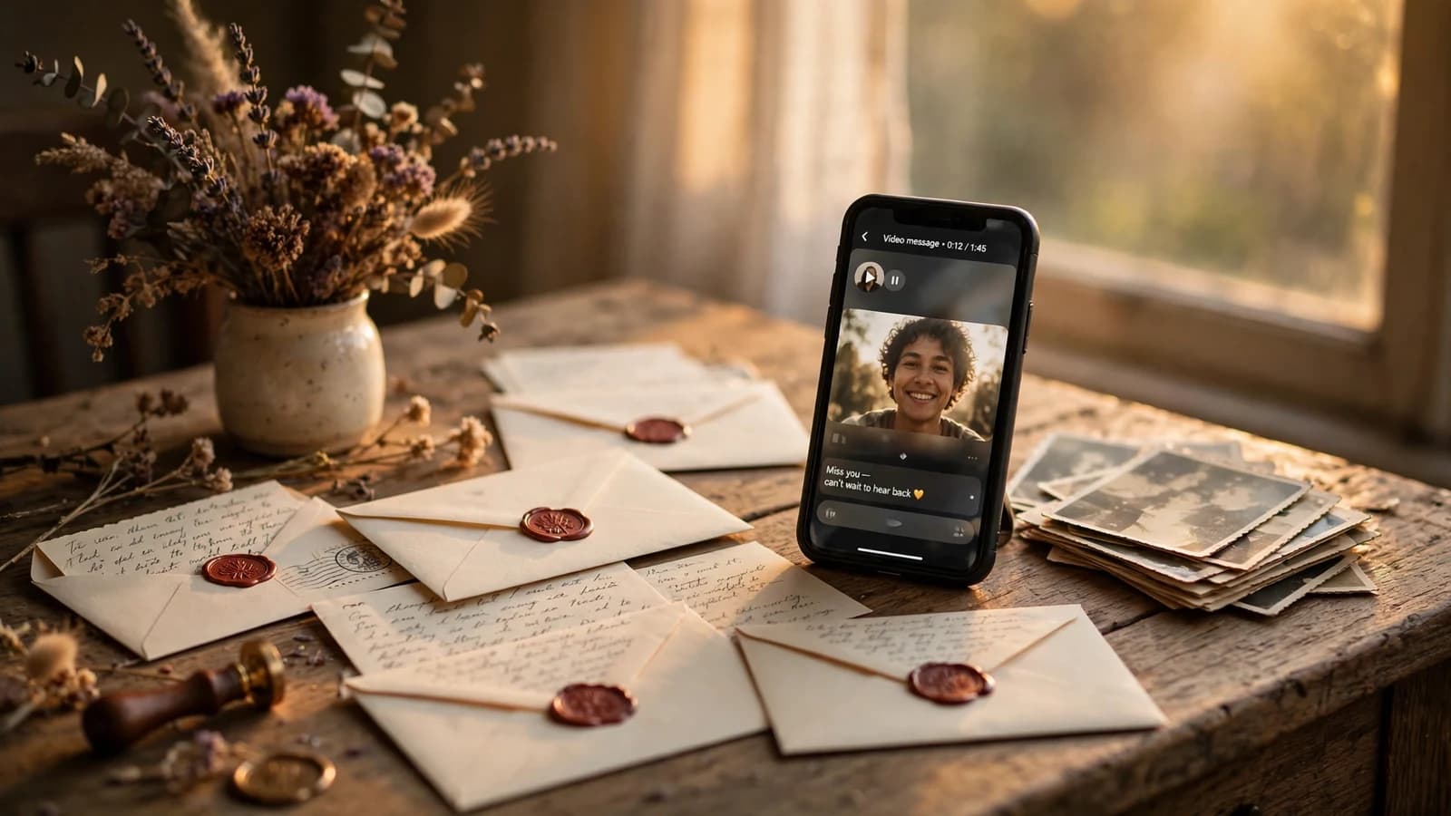 Handwritten letters and wax-sealed envelopes on a wooden desk in golden light, with a phone playing a video message.