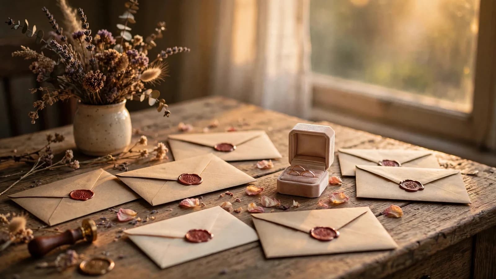 Illustrative wedding rings and sealed letters on a sunlit wooden table