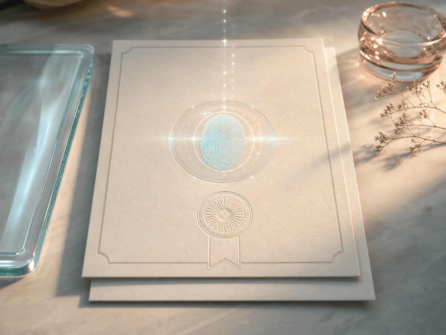 A refined Future Beacon certificate artifact with a luminous fingerprint seal