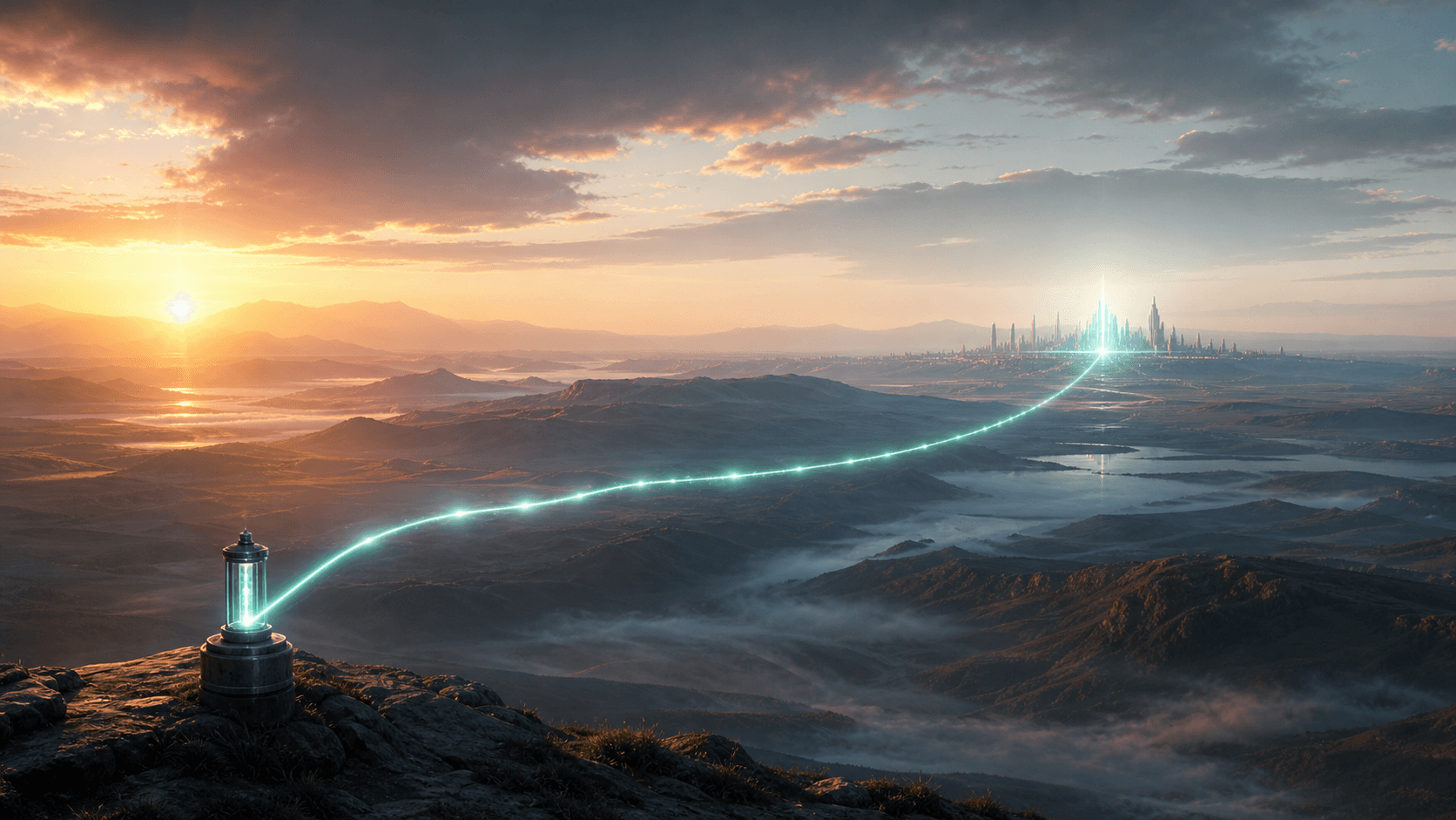 A luminous beacon signal crossing a dawn landscape toward a distant future city.