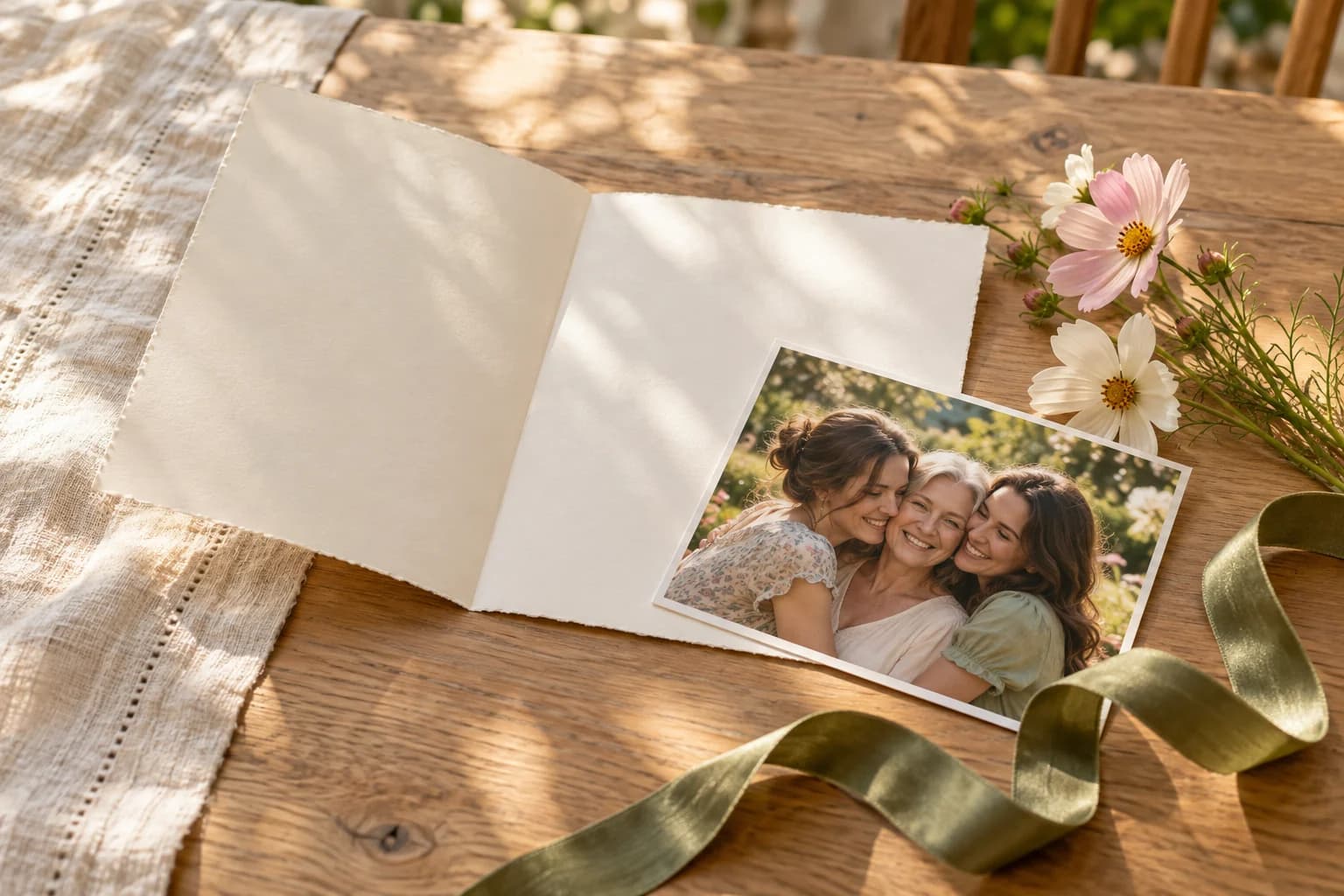 Illustrative greeting card, family photograph, and olive ribbon in warm sunlight