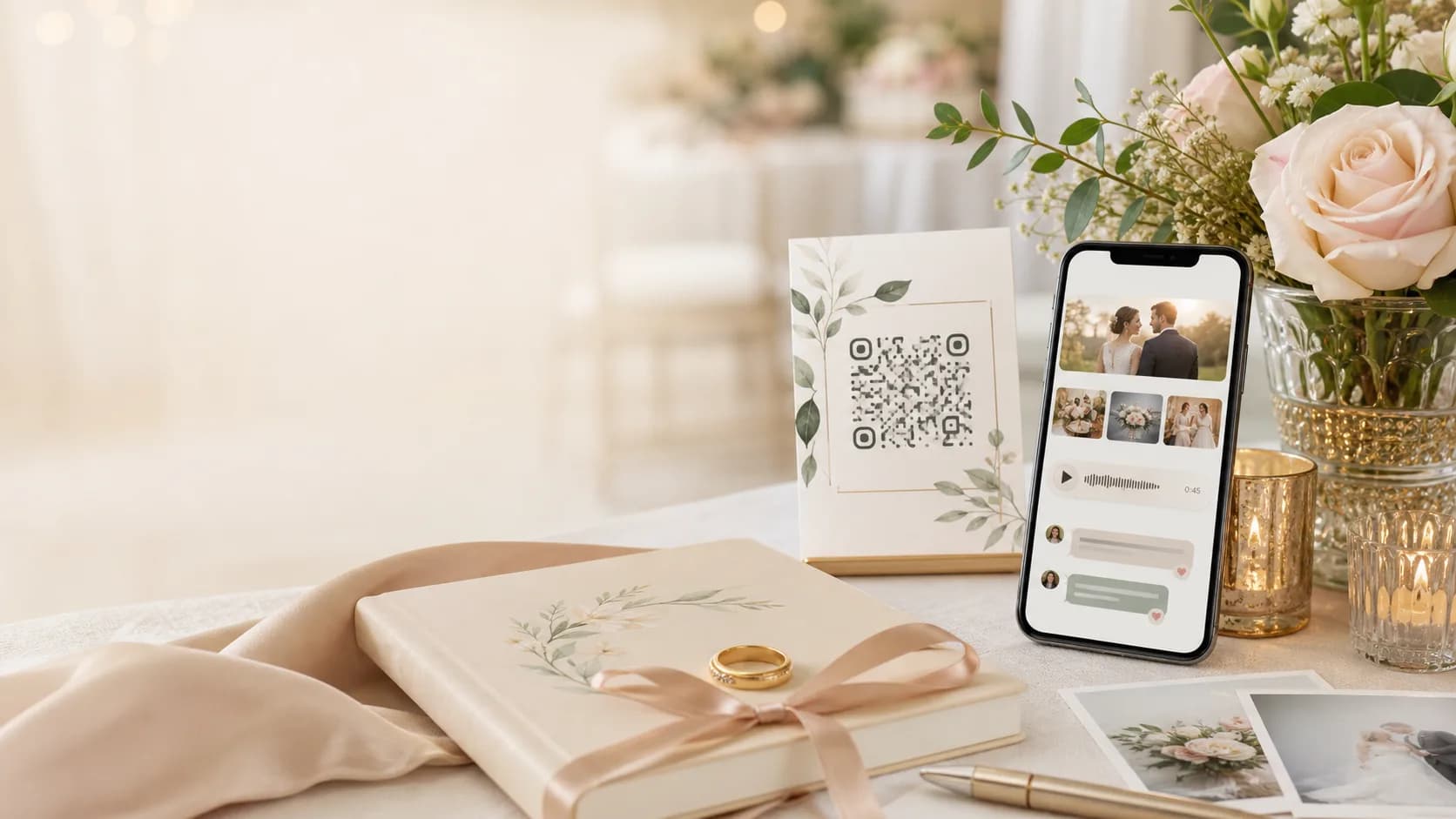 Wedding keepsake table with rings, flowers, QR code card, and phone for guest memories