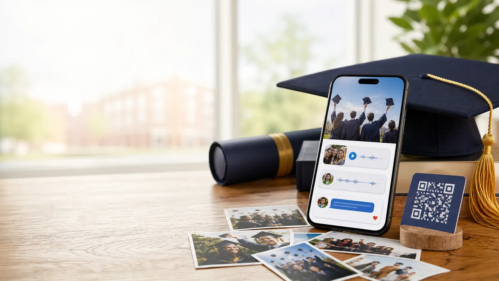 Graduation keepsake table with cap, diploma, photos, QR card, and phone for messages