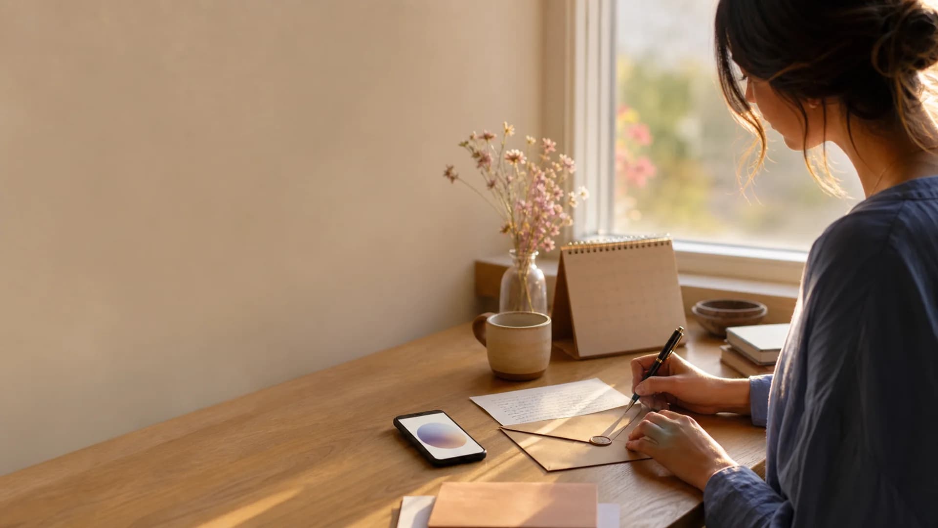 Person writing a letter to their future self beside a phone and calendar
