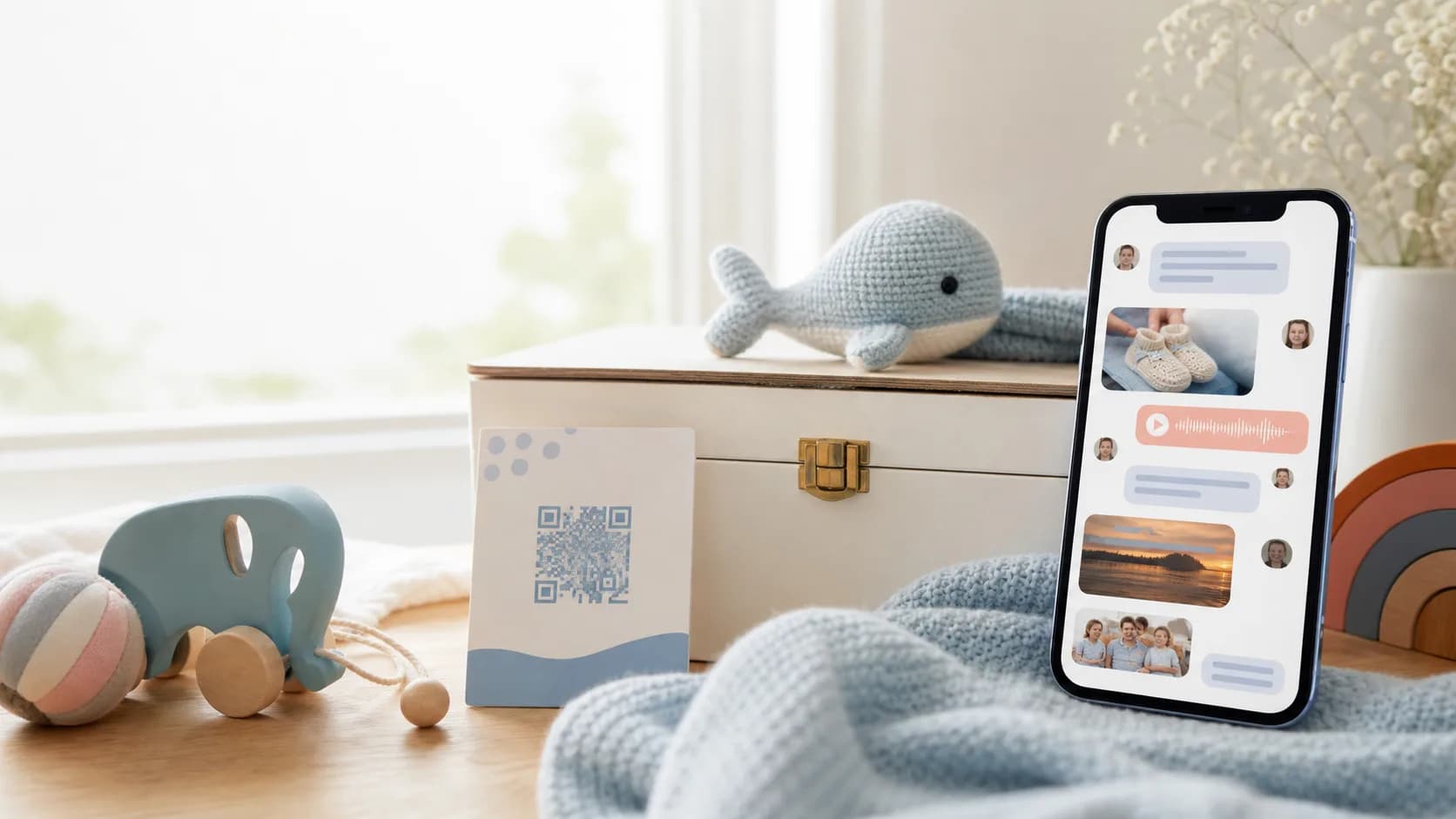 Nursery keepsake box with a QR card and phone showing collected baby messages