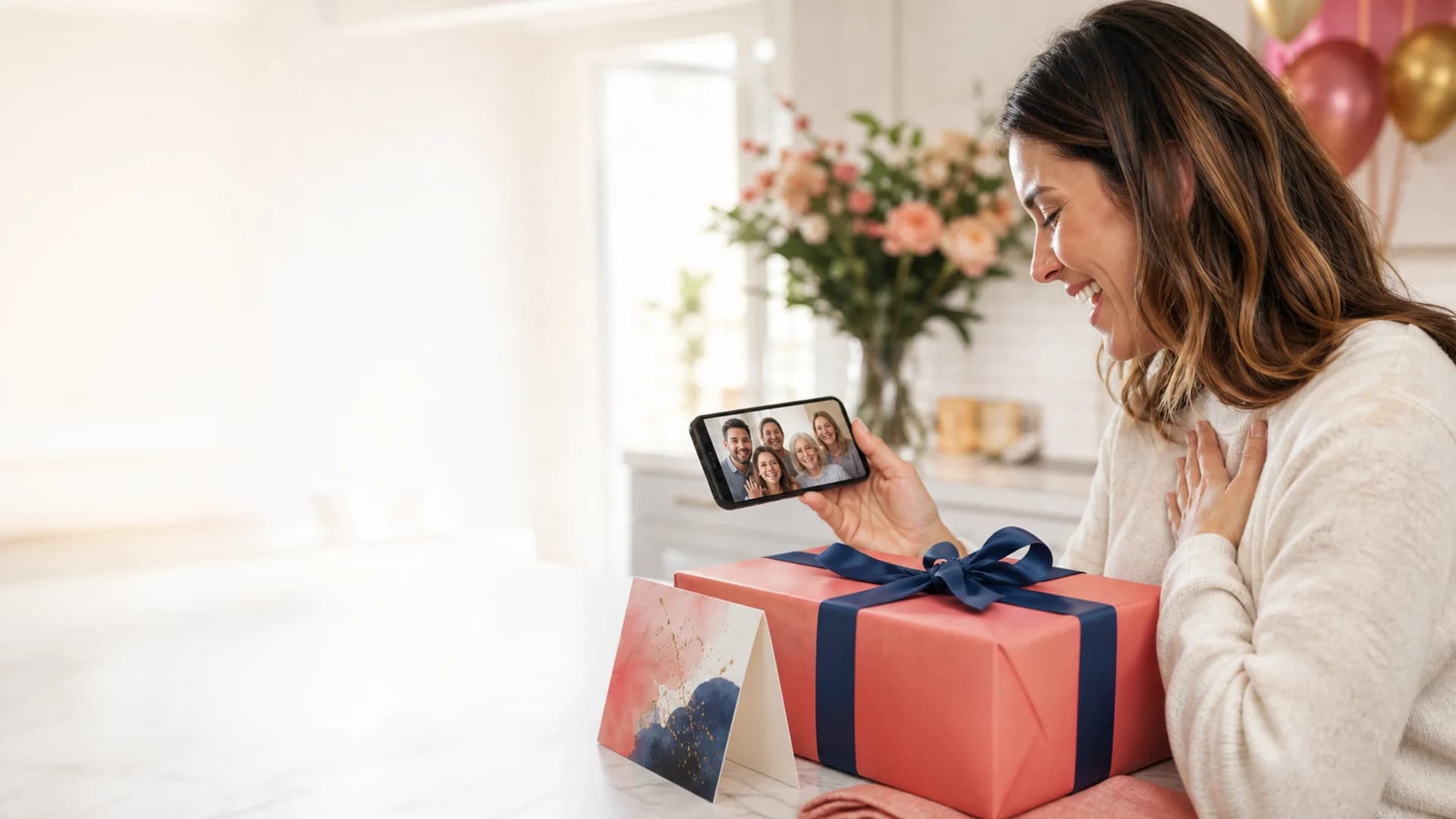 Happy recipient watching a personal video greeting beside a physical card and gift