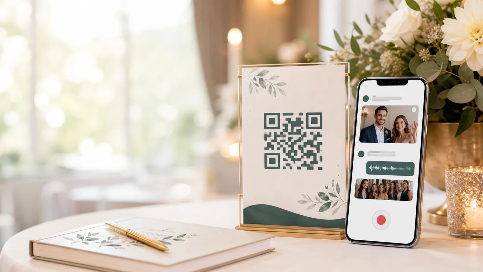 Event welcome table with a QR guestbook card and phone showing video messages