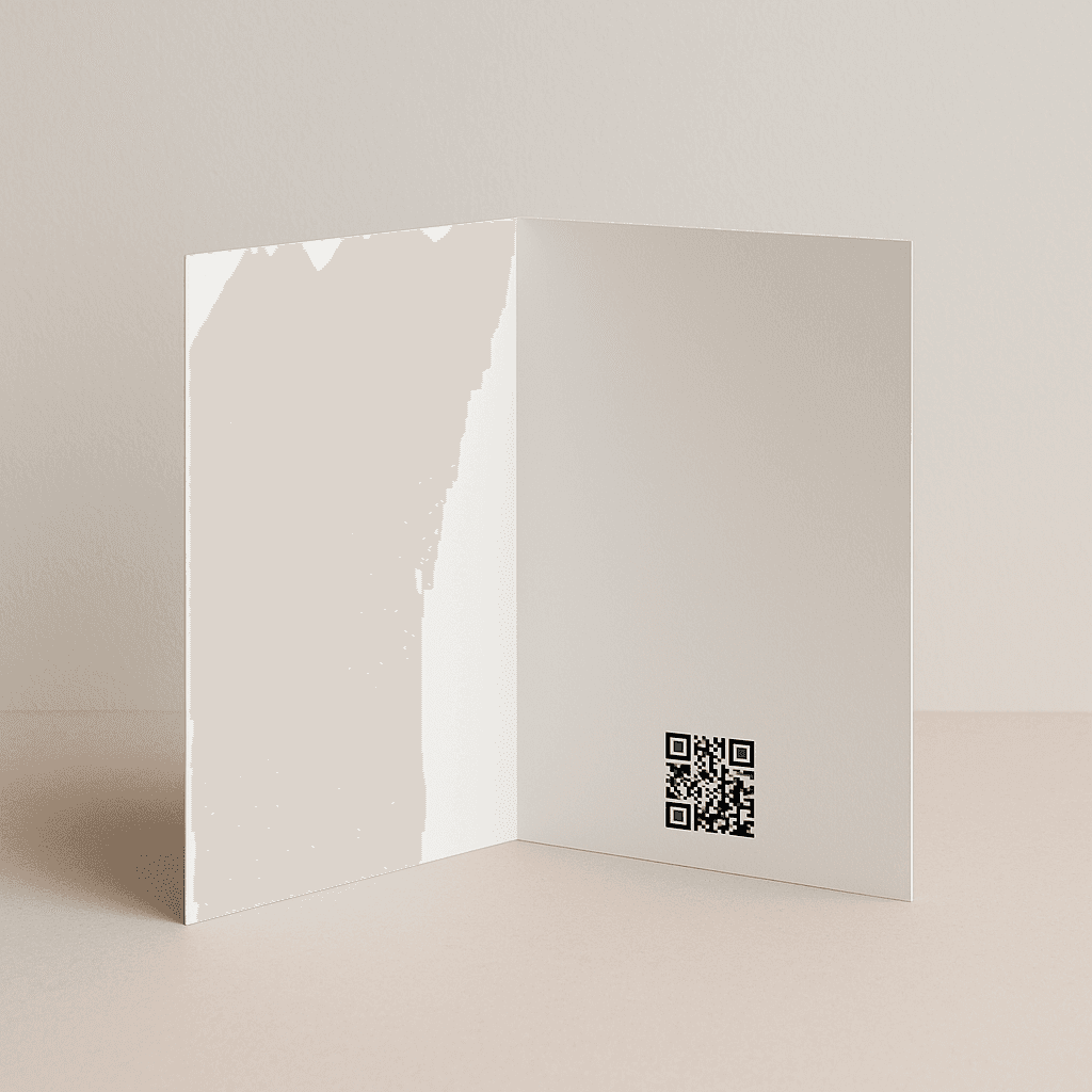 An open greeting card with a QR code printed inside.