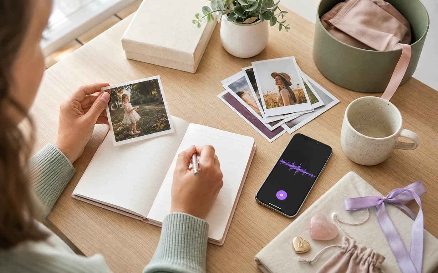 A parent preparing an 18th birthday capsule with childhood photos, a notebook, and a phone recording a voice note.