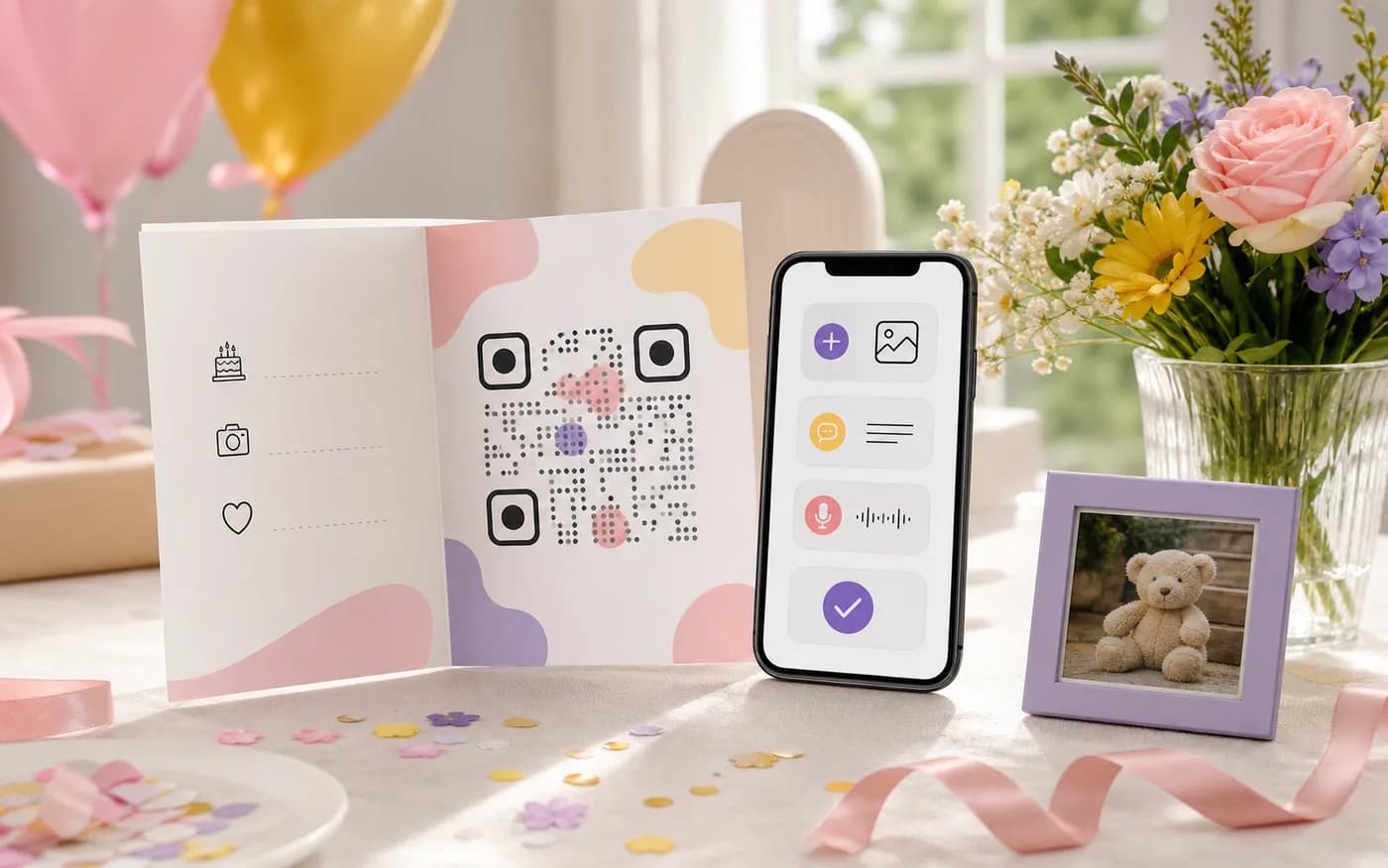 An open birthday card with an abstract QR-style insert beside a phone for adding photos, messages, and voice notes.