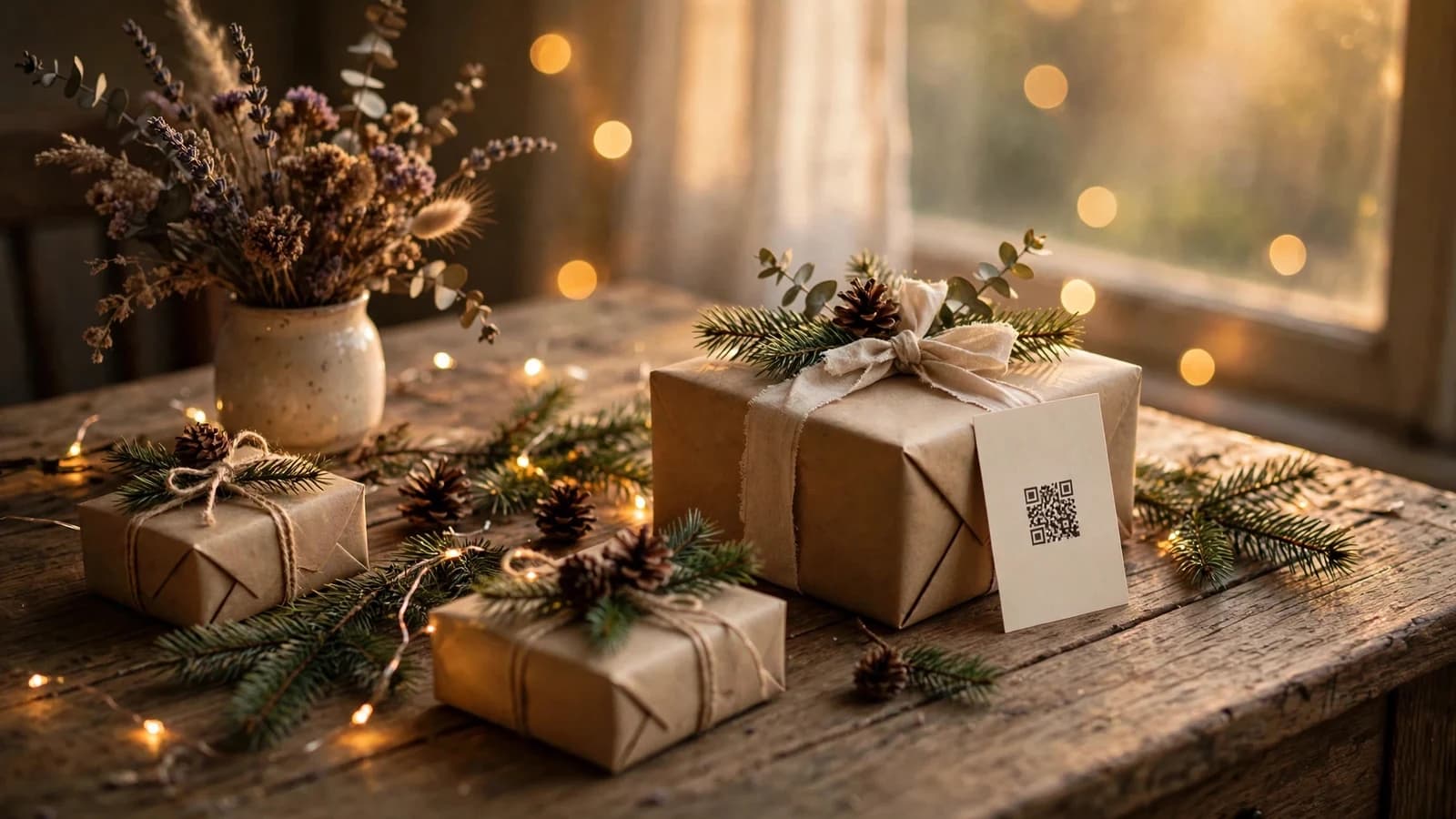 Hands holding a Christmas card with a QR code insert beside wrapped gifts, pine branches, and warm fireplace light.