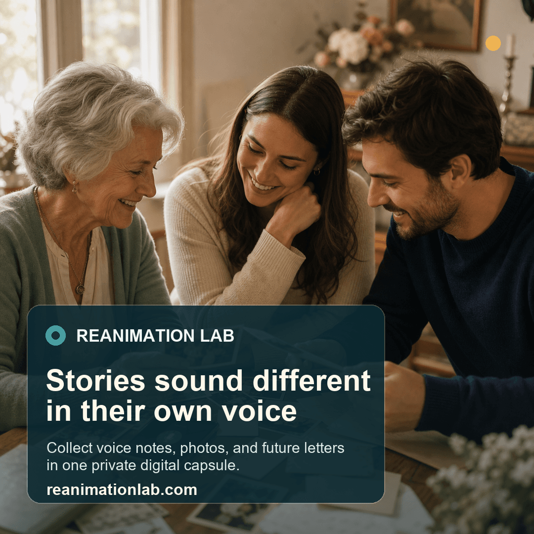 Three family members laughing together as they collect voice stories for a private digital capsule.