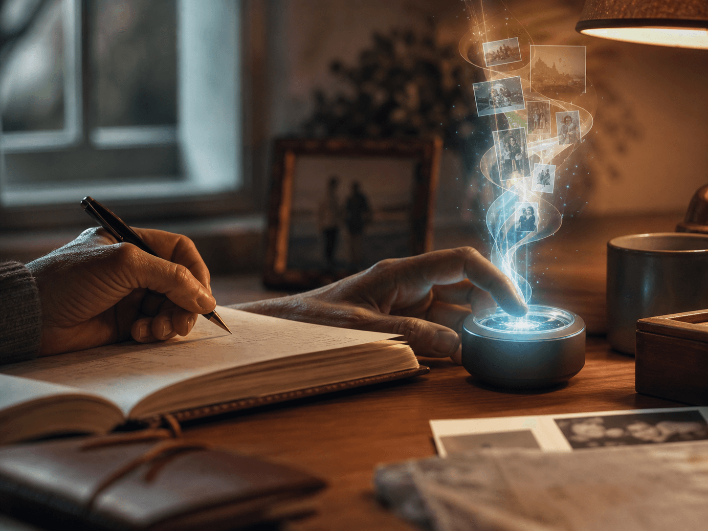 Hands writing beside a glowing personal archive beacon.
