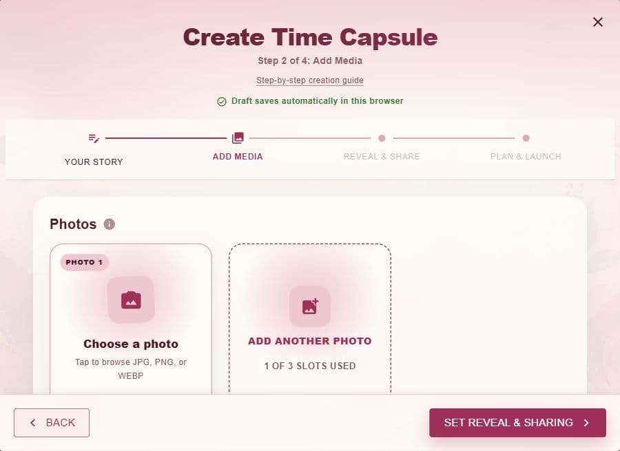 Capsule editor showing Add Media with sample anniversary details