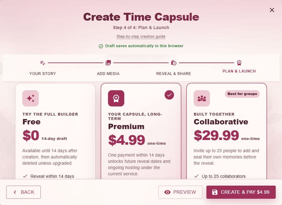 Capsule editor showing Plan & Launch with sample anniversary details