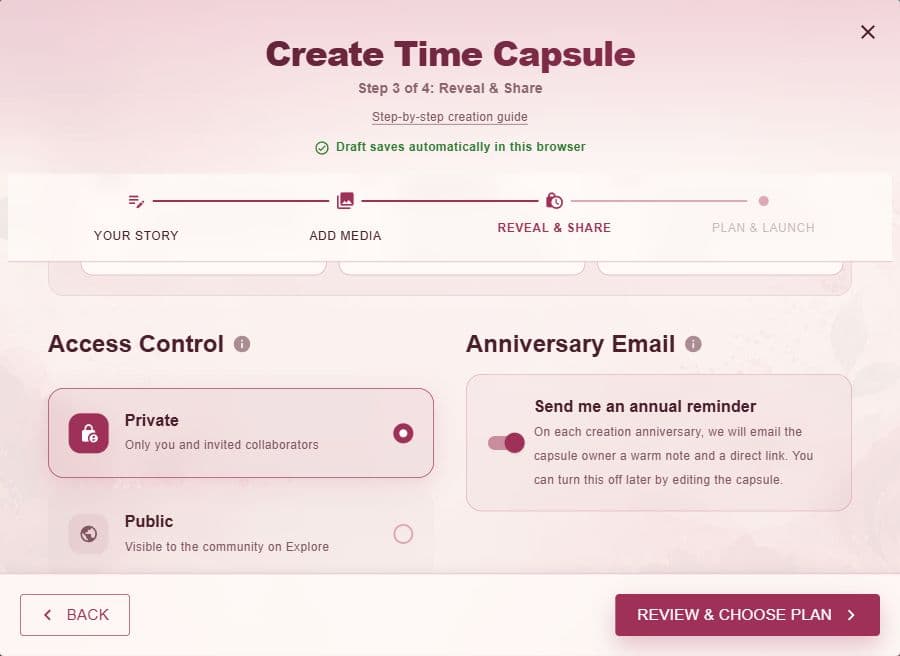 Private and Public visibility controls in the capsule sharing step