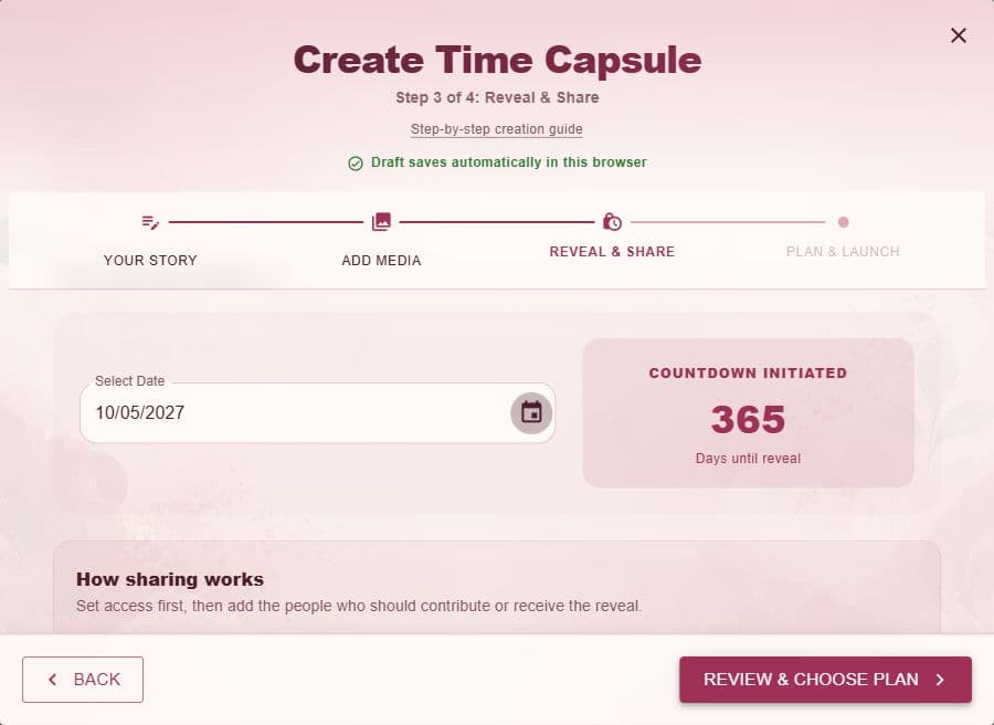 Capsule editor showing Reveal & Share with sample anniversary details