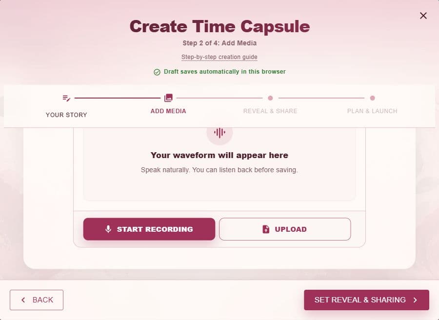 Voice recorder with Start recording and Upload controls in the capsule media step