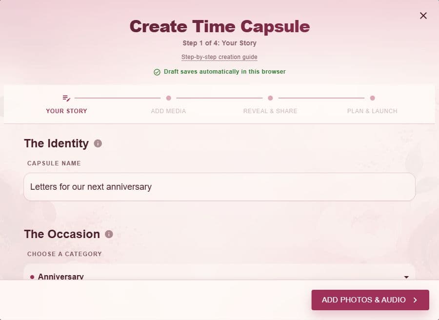 Capsule editor showing Your Story with sample anniversary details