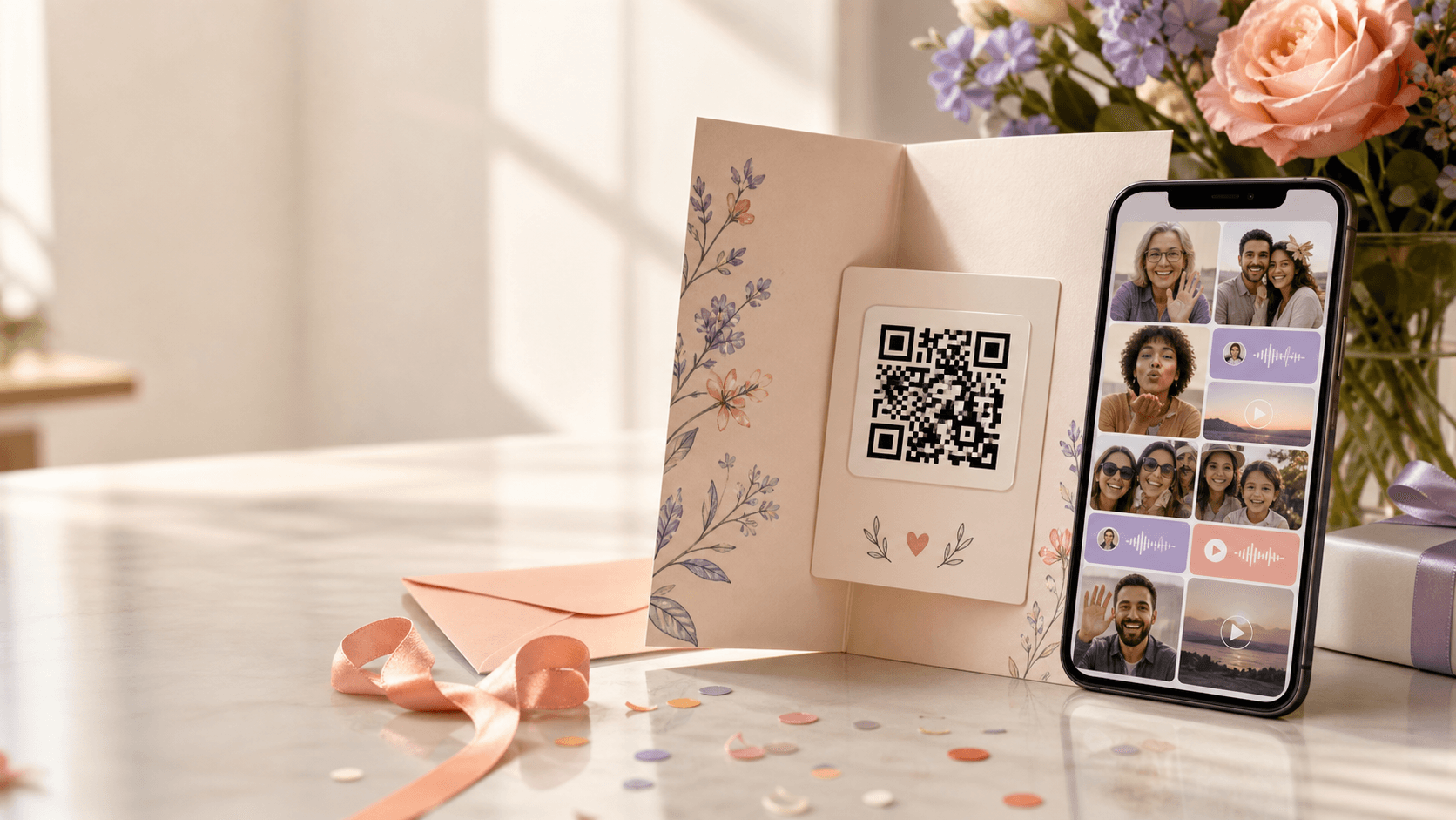Open greeting card with a printable QR code beside a phone showing collaborative video messages