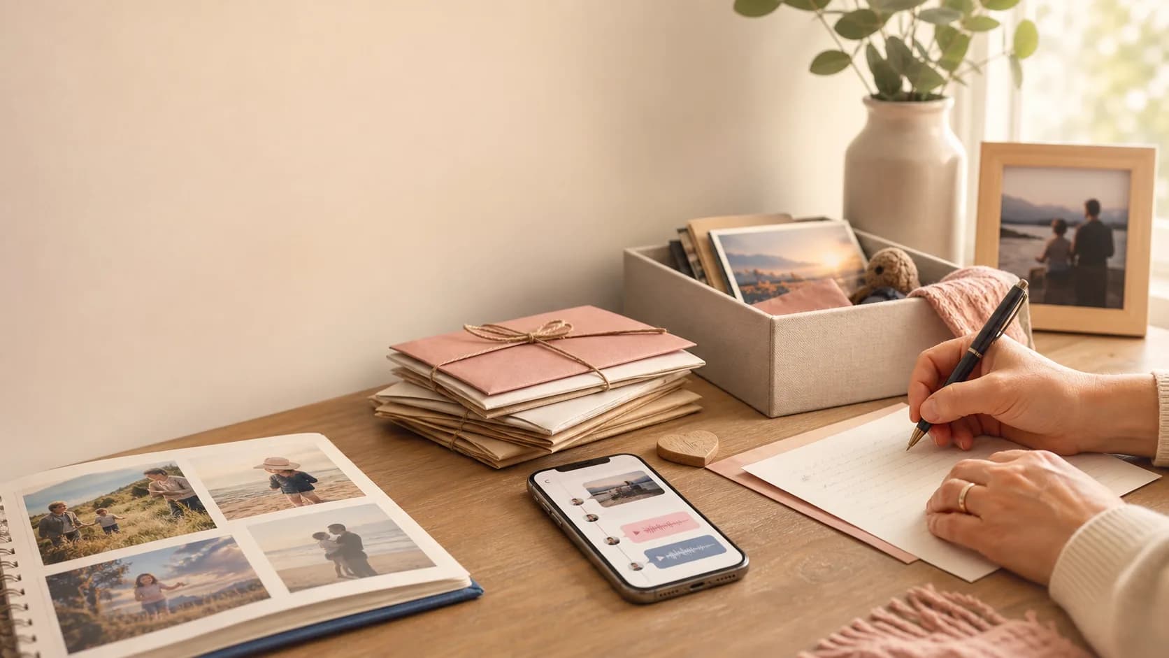 Parent writing future letters beside family photos, keepsake envelopes, and a phone