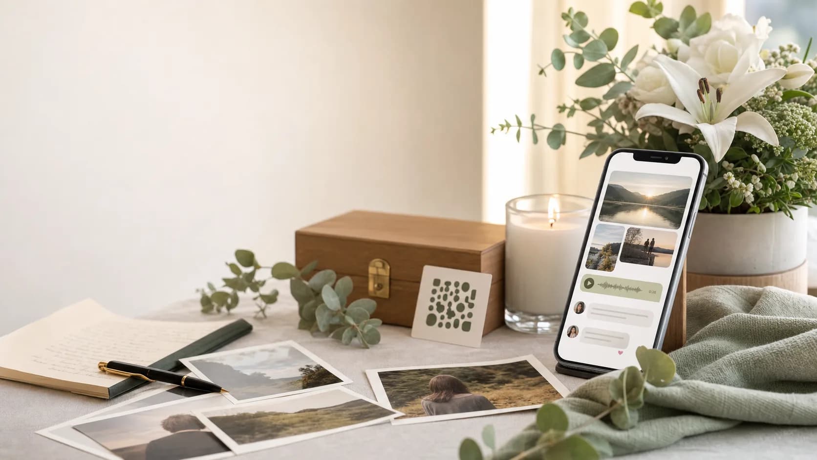 Memorial keepsake table with candle, flowers, photo frame, phone, and QR card