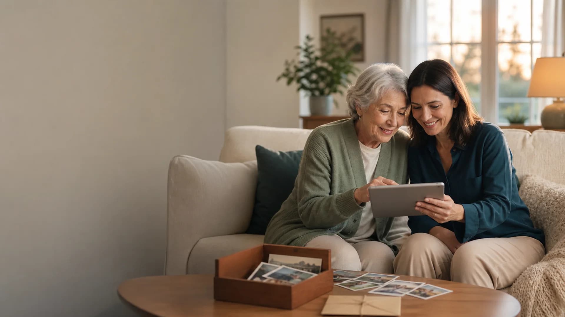 Older and younger family members organizing photos, video, and voice memories together