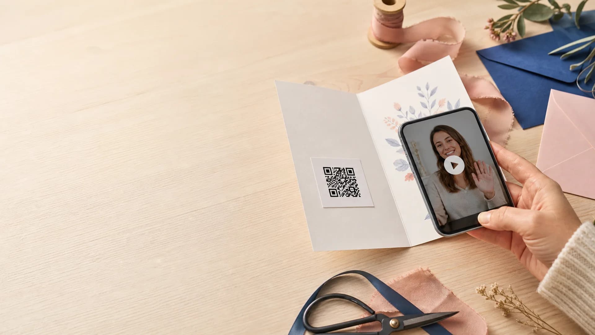Smartphone scanning a QR code insert inside an open physical greeting card
