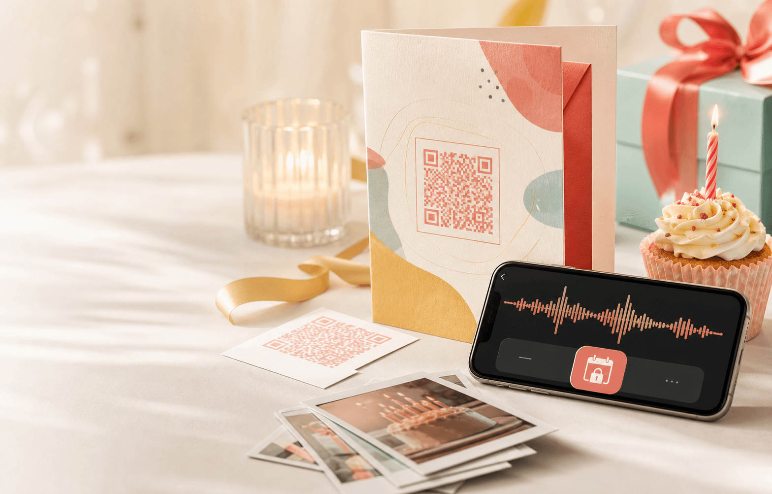 Birthday time capsule card, QR insert, photos, cupcake, and audio message preview on a warm tabletop