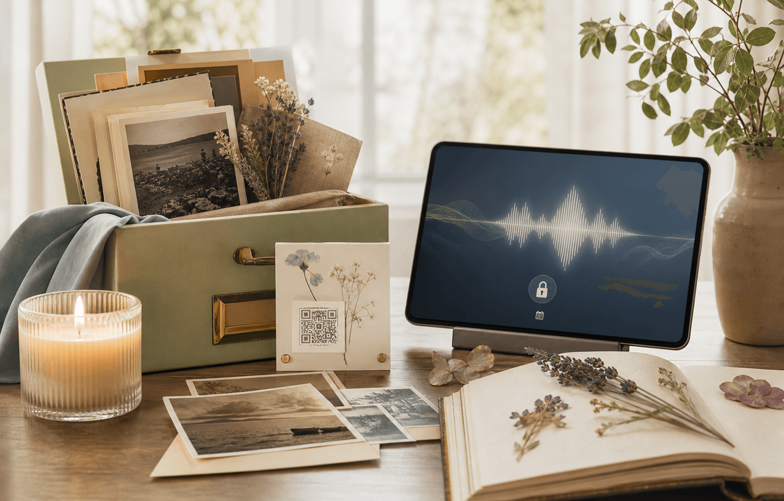 Memorial tribute time capsule with memory box, candle, photos, pressed flowers, QR keepsake, and voice remembrance preview