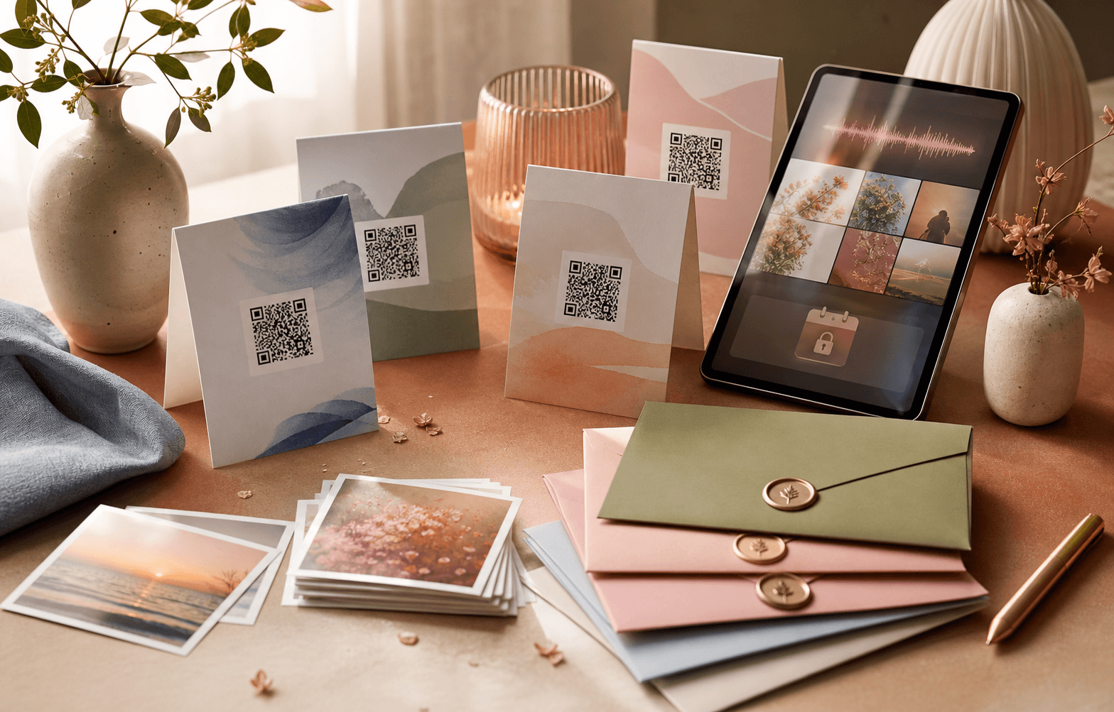 Digital time capsule templates arranged with QR cards, photos, envelopes, and audio memories
