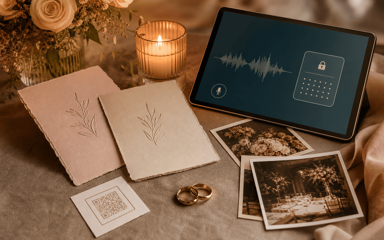 Wedding anniversary time capsule with vow cards, rings, QR keepsake, photos, and voice toast preview