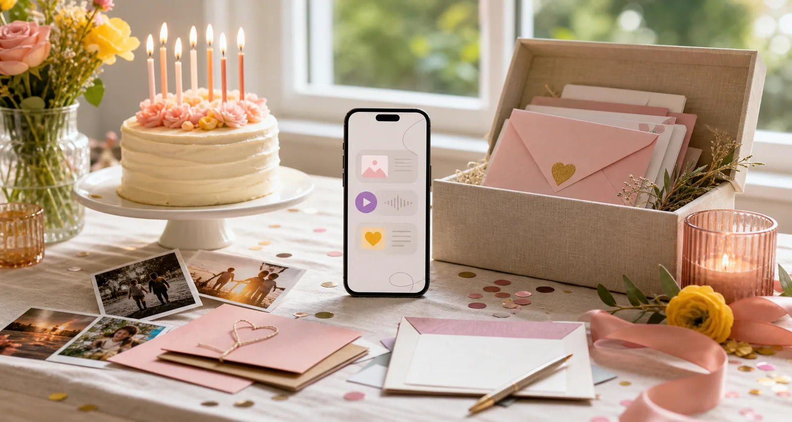 An 18th birthday time capsule table with a cake, envelopes, childhood photos, and a phone showing saved messages.