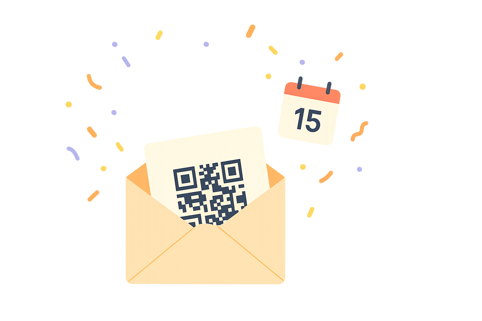 A glowing envelope with a QR card and a calendar reveal date.