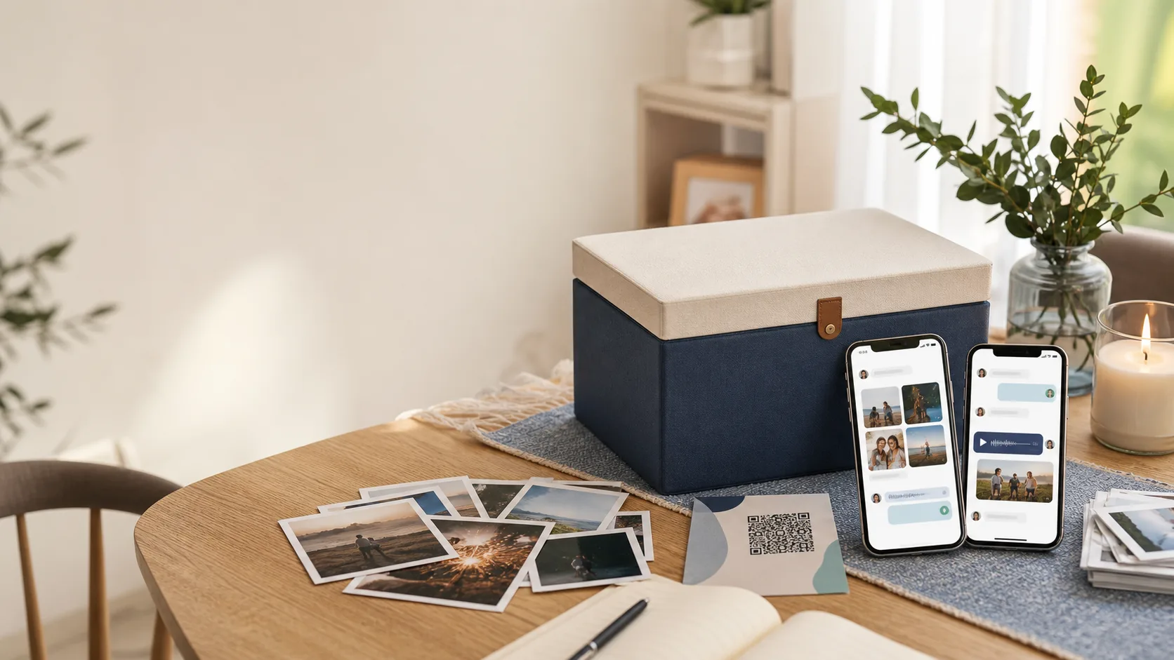 A keepsake box, printed photos, handwritten notes, and phones with shared digital memories.