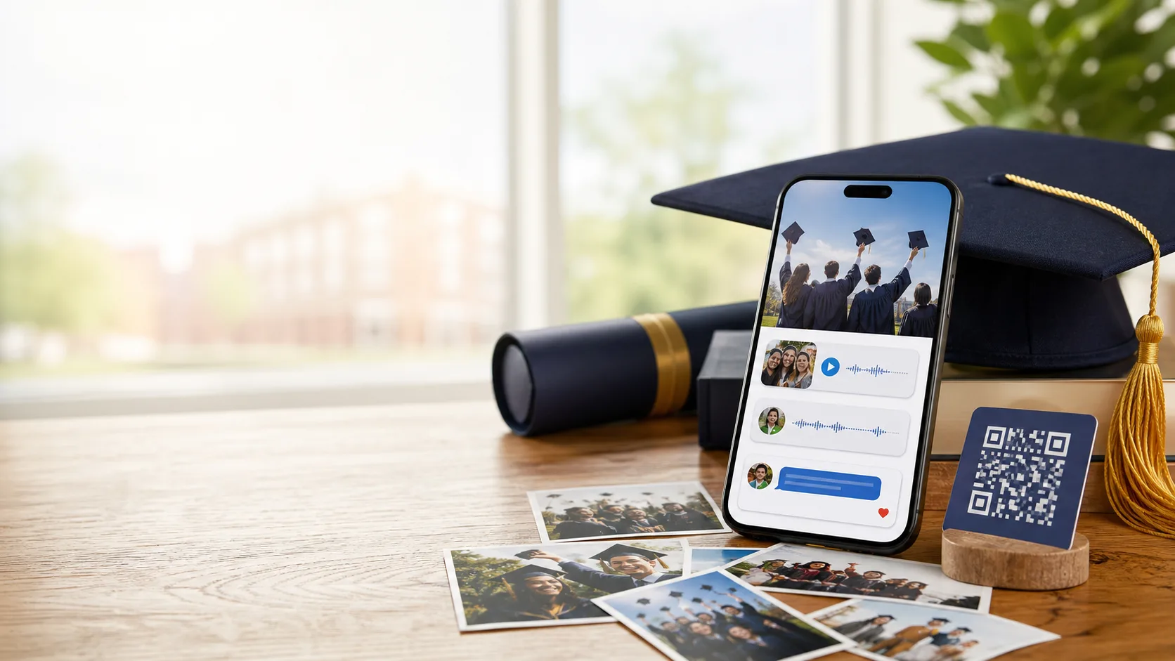 A graduation cap, photos, a QR card, and a phone with birthday and graduation messages.